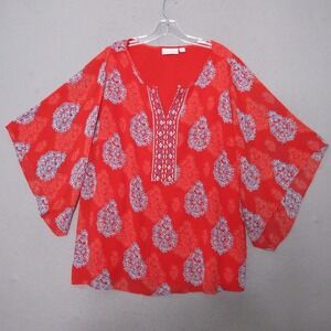 Susan Graver Top‎ Poncho Plus 1X Red Embroidered Flowy Chiffon Party Statement